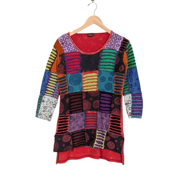 Patchwork Tunic Top L Multi Boho Hippie Colorful Eclectic Y2K Indie Red Blue - Picture 1 of 10